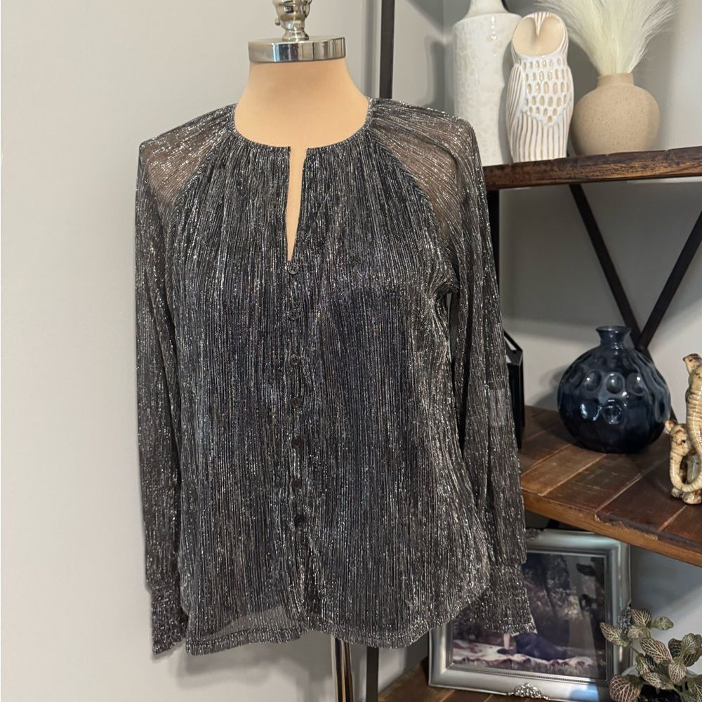 SANCTUARY Silver Metallic Long Sleeve V-Neck Silver Black Top Blouse Size SMALL